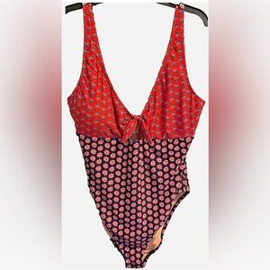 J.Crew 2X Floral One-Piece Swimsuit Red Navy Tie Front Scoop Back